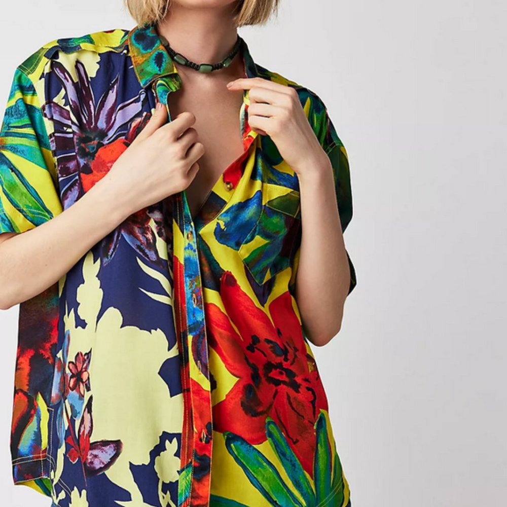 Free People We The Free Share Good Vibes Buttondown Shirt Tropicana Large New